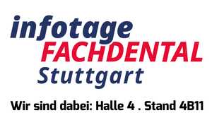logo der messe infotage fachdental stuttgart 2026 mit dem hinweis, dass flexservice an der messe teilnimmt - in halle 4, stand 4b11